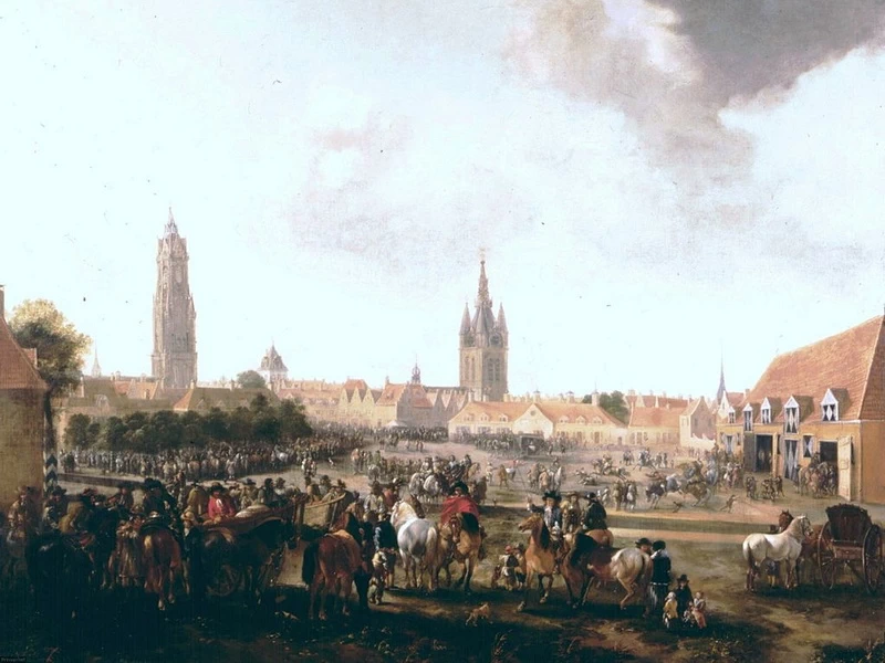 1623-Pieter Wouwerman - Veduta del mercato dei cavalli a Delft, 1665